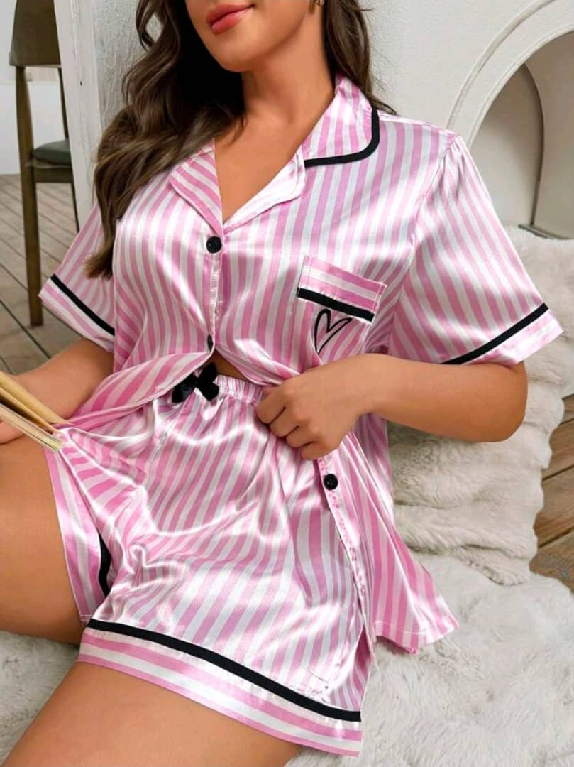 Ensemble Pyjama Short Satiné Rayé Rose & Blanc