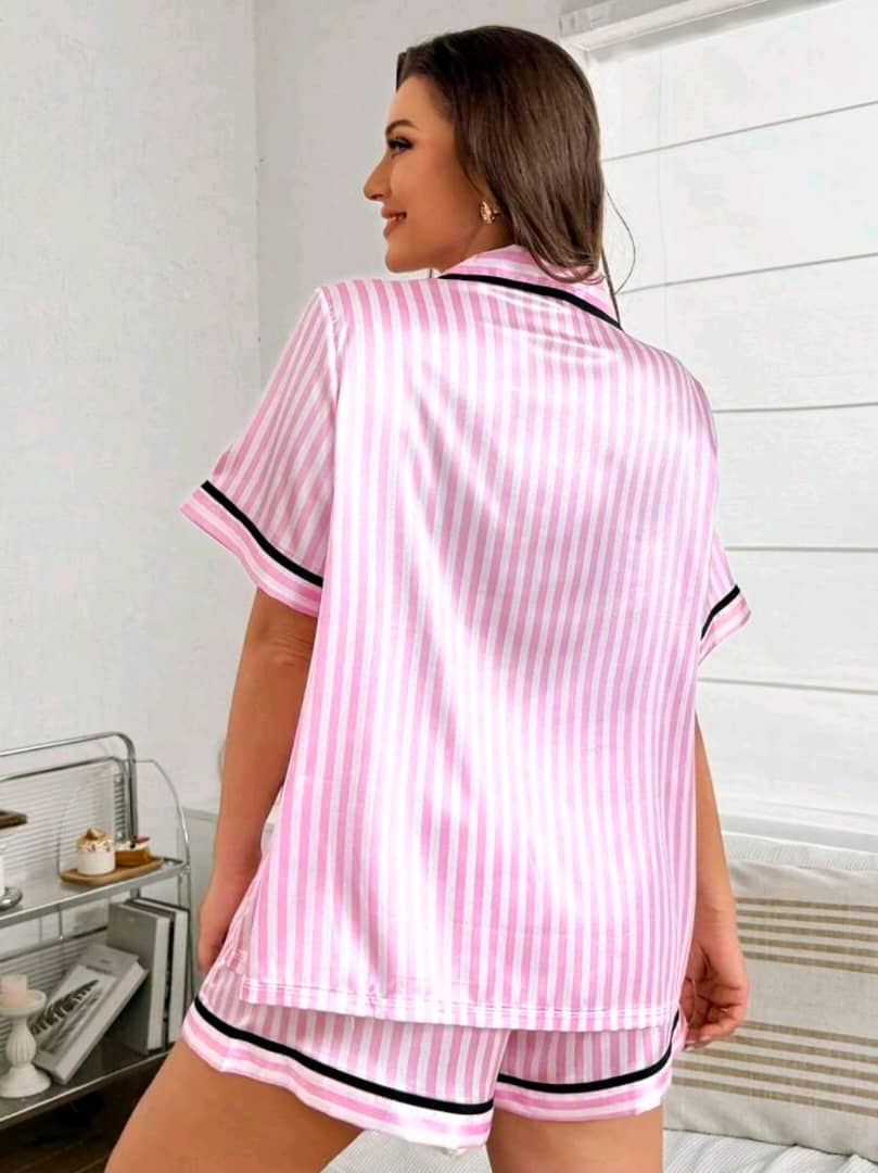 Ensemble Pyjama Short Satiné Rayé Rose & Blanc – Image 6