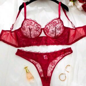 Ensemble Lingerie 2 Pièces Rouge Passion – Soutien-Gorge Basque Dentelle Florale & String Assorti