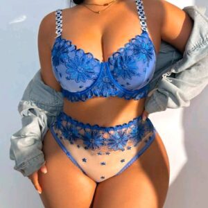 Ensemble Lingerie 2 Pièces Bleu Roi – Soutien-Gorge Armatures Broderie Marguerite & Culotte Taille Haute Illusion