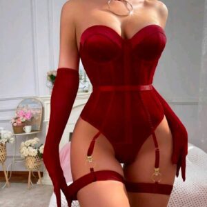 Ensemble Body Bustier Rouge 4 Pièces – Collier, Gants Longs & Jarretières