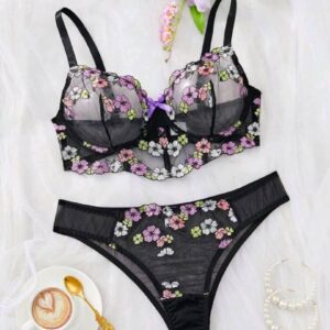Ensemble Lingerie Noir Brodé Fleurs – Soutien-gorge Tulle & String Femme