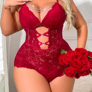 Body Lingerie Dentelle Rouge – Découpes Cœurs Strass, Grande Taille